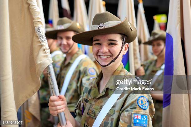 Member of the Australia Army Cadets smiles ahead of the ANZAC Day parade on April 25, 2023 in Sydney, Australia. Anzac Day is a national holiday in...