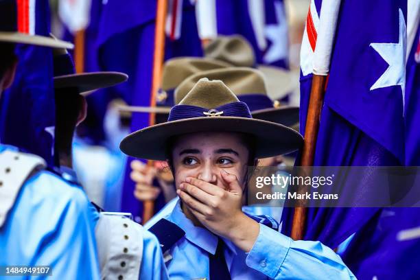 An Australian Airforce cadet reacts ahead of the ANZAC Day parade on April 25, 2023 in Sydney, Australia. Anzac Day is a national holiday in...