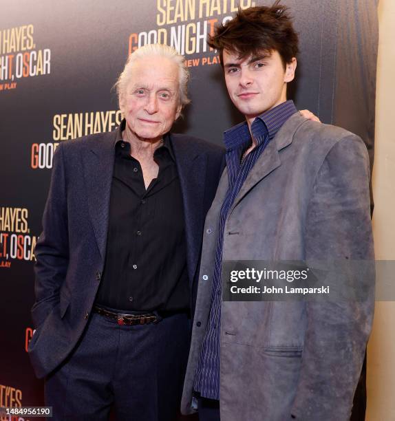 Michael Douglas and Dylan Michael Douglas attend "Goodnight, Oscar" Broadway opening night at Belasco Theatre on April 24, 2023 in New York City.