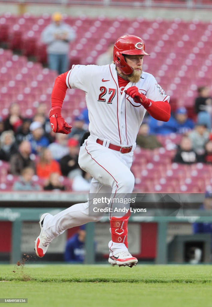 Jake Fraley of the Cincinnati Reds hits a single in the first inning ...