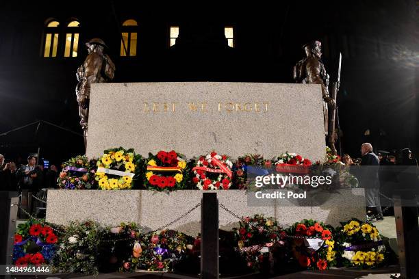 Wreaths are places around the Cenotaph during the Anzac Day Dawn Service at Martin Place, in Sydney, Tuesday, April 25, 2023. Anzac Day is a national...