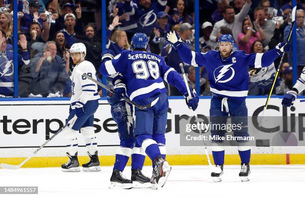 Mikhail Sergachev of the Tampa Bay Lightning celebrates a goal in the first period during Game Four of the First Round of the 2023 Stanley Cup...