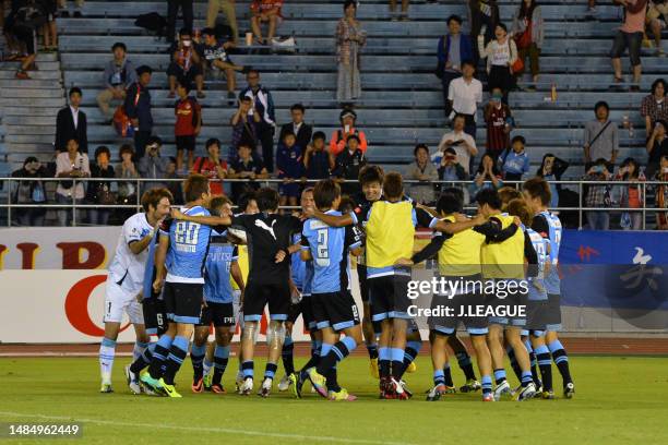 Kawasaki Frontale players celebrate the team's 2-1 victory in the J.League J1 match between Nagoya Grampus and Kawasaki Frontale at Mizuho Athletics...