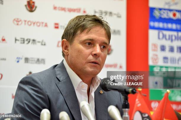 Head coach Dragan Stojkovic of Nagoya Grampus attends a press conference after the J.League J1 match between Nagoya Grampus and Kawasaki Frontale at...