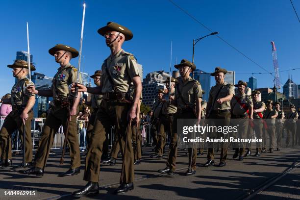 Personnel march during the Anzac day parade on April 25, 2023 in Melbourne, Australia. Anzac Day is a national holiday in Australia, traditionally...