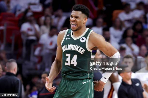 Giannis Antetokounmpo of the Milwaukee Bucks reacts during the second quarter against the Miami Heat in Game Four of the Eastern Conference First...