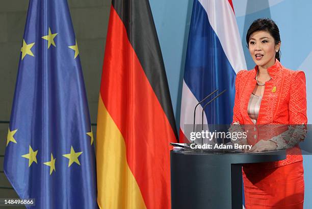 Thai Prime Minister Yingluck Shinawatra speaks during a news conference at the German federal chancellory on July 18, 2012 in Berlin, Germany....