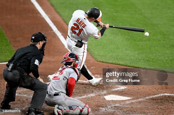 Austin Hays of the Baltimore Orioles drives in a run with a single in the fifth inning against the Boston Red Sox at Oriole Park at Camden Yards on...
