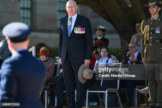 Governor-General of Australia David Hurley inspects the veterans march at the Australian War Memorial on April 25, 2023 in Canberra, Australia. Anzac...