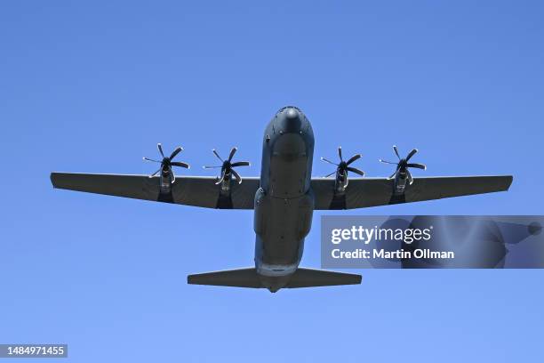 Hercules during a flypast over Australian War Memorial on April 25, 2023 in Canberra, Australia. Anzac Day is a national holiday in Australia,...