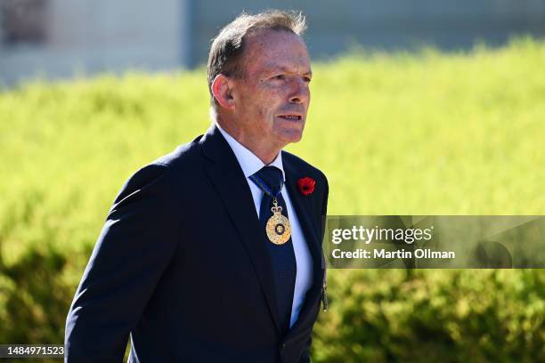 Former Prime Minister of Australia and Adviser to the UK Board of Trade, Tony Abbott attends the veterans march at the Australian War Memorial on...