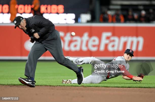 Enrique Hernandez of the Boston Red Sox hits second base umpire Manny Gonzalez with a throw in the seventh inning against the Baltimore Orioles at...