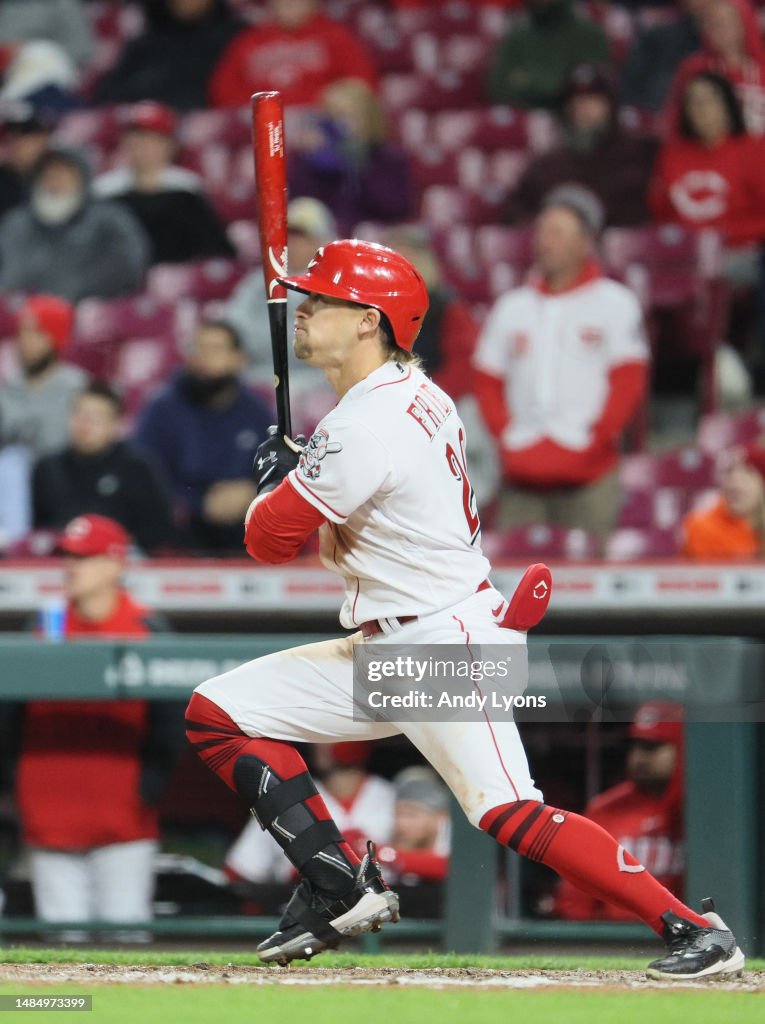 Ravens Head Reds Rangers TJ Friedl of the Cincinnati Reds celebrates hits a RBI single to win ...