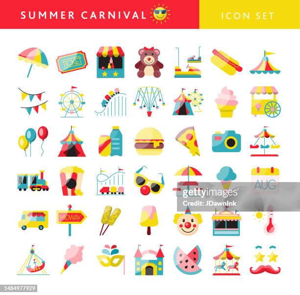 sommerkarneval mit riesenrad, faschingszelt und ballonelementen icon-set auf weißem hintergrund - traveling carnival stock-grafiken, -clipart, -cartoons und -symbole