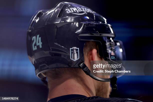 Detail of the helmet of Jamie Oleksiak of the Seattle Kraken is seen before Game Four of the First Round of the 2023 Stanley Cup Playoffs against the...