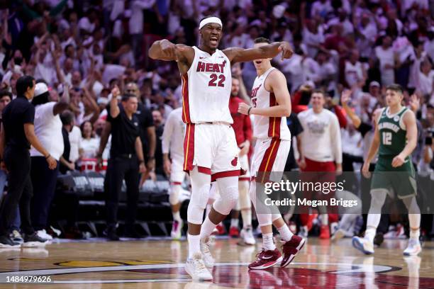 Jimmy Butler of the Miami Heat reacts during the fourth quarter against the Milwaukee Bucks in Game Four of the Eastern Conference First Round...