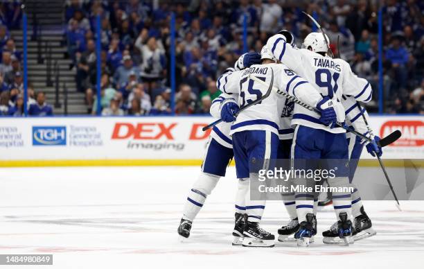 Morgan Rielly of the Toronto Maple Leafs celebrates a goal in the third period during Game Four of the First Round of the 2023 Stanley Cup Playoffs...