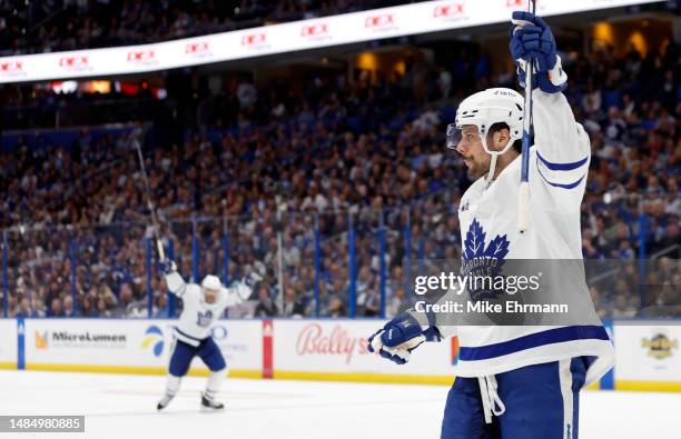 Auston Matthews of the Toronto Maple Leafs celebrates a goal in the third period during Game Four of the First Round of the 2023 Stanley Cup Playoffs...