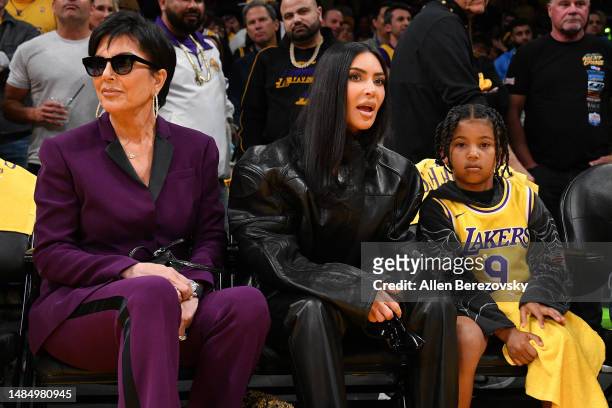 Kris Jenner, Kim Kardashian and Saint West attend a basketball game between the Los Angeles Lakers and the Memphis Grizzlies at Crypto.com Arena on...