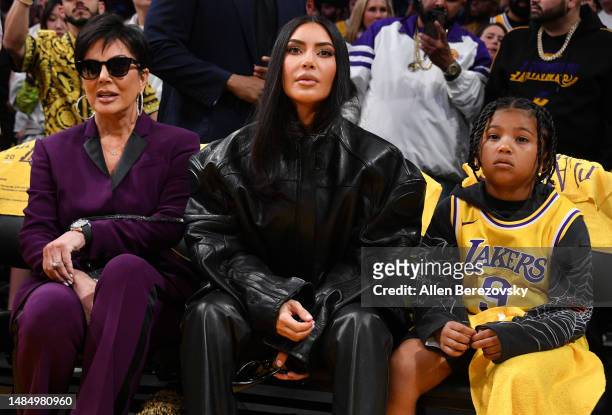 Kris Jenner, Kim Kardashian and Saint West attend a basketball game between the Los Angeles Lakers and the Memphis Grizzlies at Crypto.com Arena on...