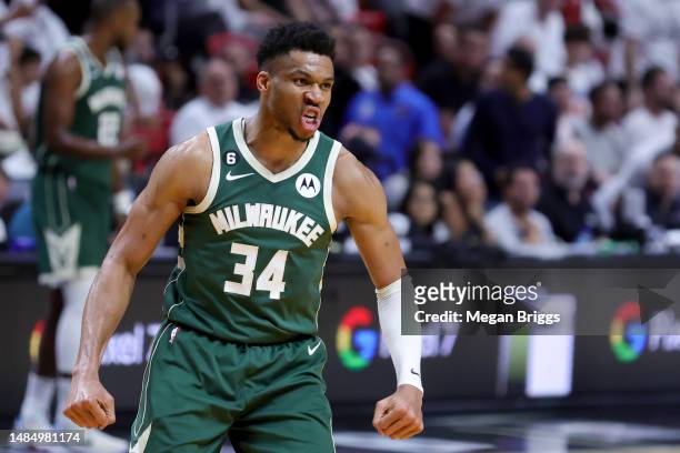 Giannis Antetokounmpo of the Milwaukee Bucks reacts during the third quarter against the Miami Heat in Game Four of the Eastern Conference First...