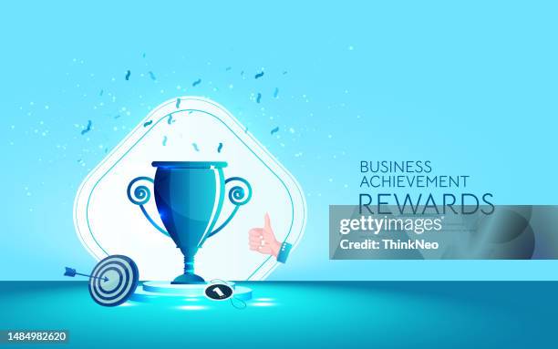 confetti falling over gold cup sitting over blue background - winners podium icon stock illustrations