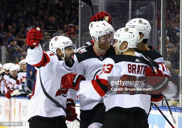 Jonas Siegenthaler of the New Jersey Devils celebrates his third period game winning goal against the New York Rangers in Game Four of the First...