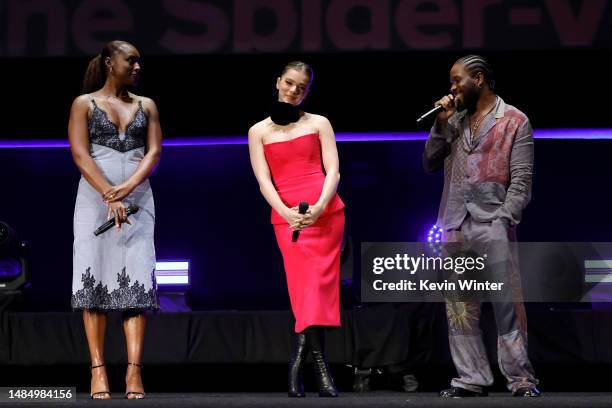 Issa Rae, Hailee Steinfeld and Shameik Moore speak during Opening Night and Sony Pictures Entertainment Presentation at The Colosseum at Caesars...