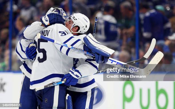 Ilya Samsonov of the Toronto Maple Leafs celebrates a goal in overtime by Alexander Kerfoot to win Game Four of the First Round of the 2023 Stanley...