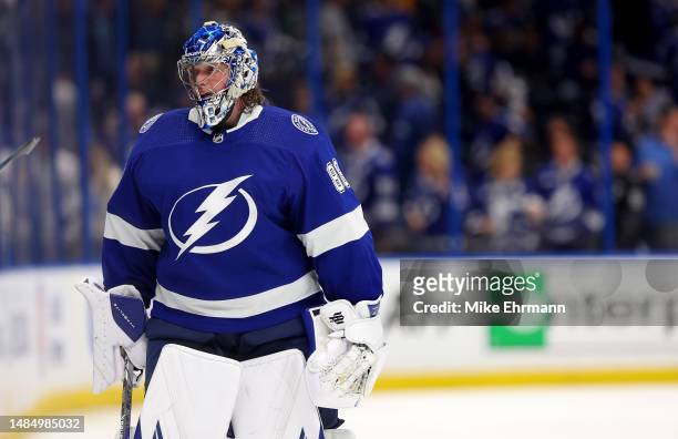 Andrei Vasilevskiy of the Tampa Bay Lightning skates off after losing Game Four of the First Round of the 2023 Stanley Cup Playoffs in overtime...