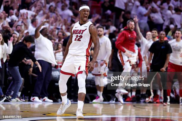 Jimmy Butler of the Miami Heat reacts during the fourth quarter against the Milwaukee Bucks in Game Four of the Eastern Conference First Round...