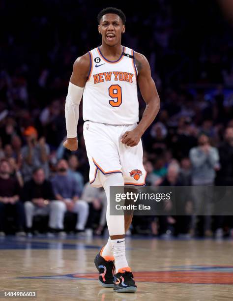 Barrett of the New York Knicks celebrates late in the fourth quarter against the Cleveland Cavaliers during Game Four of the Eastern Conference First...