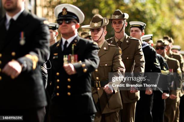 War veterans, defence personnel and their families take part in the ANZAC Day parade on April 25, 2023 in Sydney, Australia. Anzac Day is a national...