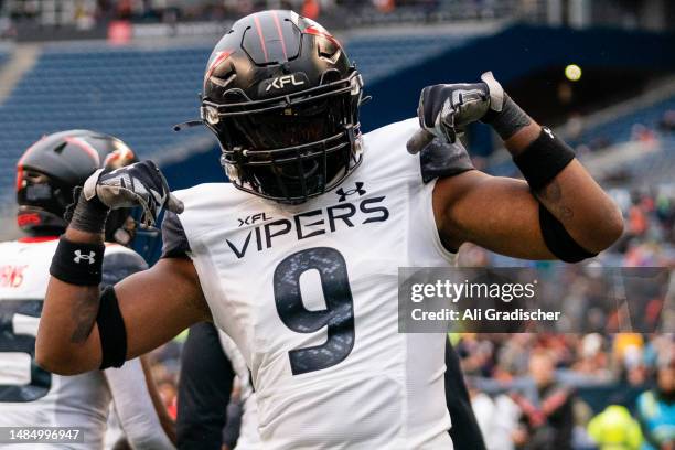 Defensive back Deontay Anderson of the Vegas Vipers poses before the Seattle Sea Dragons crowd during the second half of the game at Lumen Field on...