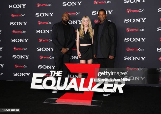 Antoine Fuqua, Dakota Fanning and Denzel Washington promote the upcoming film "The Equalizer 3" at the Sony Pictures Entertainment presentation...