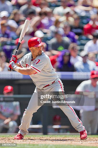 Placido Polanco of the Philadelphia Phillies bats against the Colorado Rockies at Coors Field on July 15, 2012 in Denver, Colorado. The Phillies...