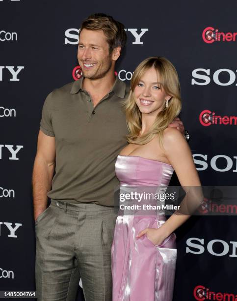 Glen Powell and Sydney Sweeney promote the upcoming film "Anyone But You" at the Sony Pictures Entertainment presentation during CinemaCon, the...