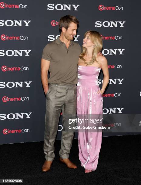 Glen Powell and Sydney Sweeney of "Anyone But You" attend the Sony Pictures Entertainment presentation during CinemaCon, the official convention of...