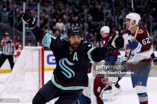 Jordan Eberle of the Seattle Kraken celebrates his overtime-winning goal against the Colorado Avalanche in Game Four of the First Round of the 2023...