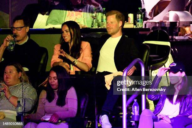Prince Harry, Duke of Sussex and Meghan, Duchess of Sussex attend a basketball game between the Los Angeles Lakers and the Memphis Grizzlies at...
