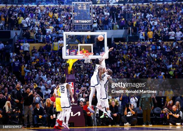 LeBron James of the Los Angeles Lakers makes a shot against the Memphis Grizzlies in the fourth quarter of Game Four of the Western Conference First...