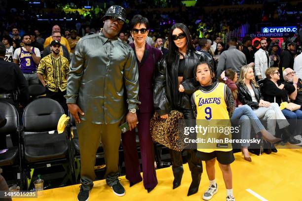 Corey Gamble, Kris Jenner, Kim Kardashian and Saint West attend a basketball game between the Los Angeles Lakers and the Memphis Grizzlies at...