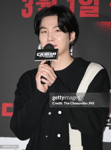 Suga of boy group BTS is seen at 'The Devil's Deal' VIP Premiere at coex megabox on February 28, 2023 in Seoul, South Korea.