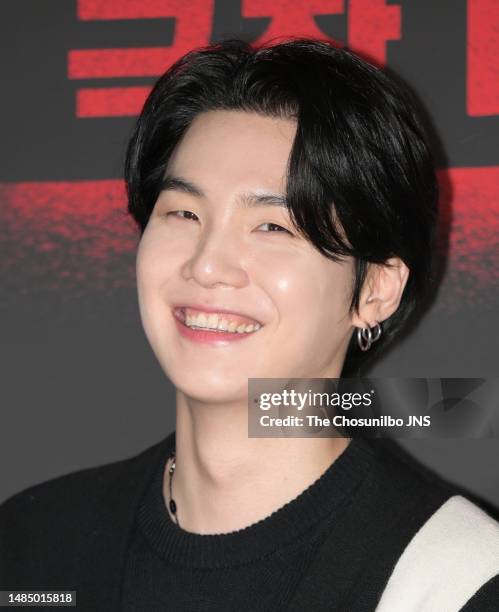 Suga of boy group BTS is seen at 'The Devil's Deal' VIP Premiere at coex megabox on February 28, 2023 in Seoul, South Korea.
