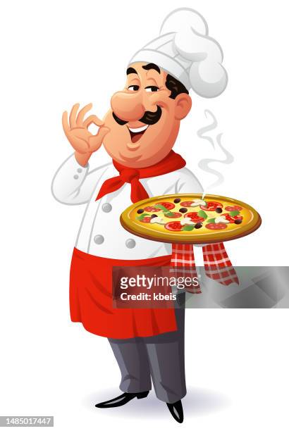 italian chef presenting delicious pizza - pizzeria stock illustrations