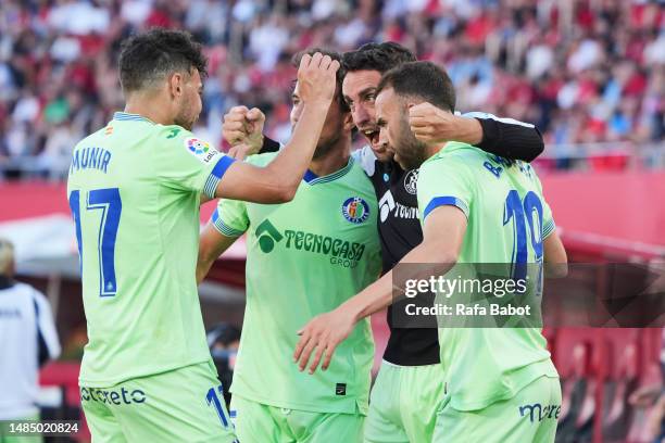 Borja Mayoral of Getafe CF celebrates scoring his team´s first goal with teammates during the LaLiga Santander match between RCD Mallorca and Getafe...