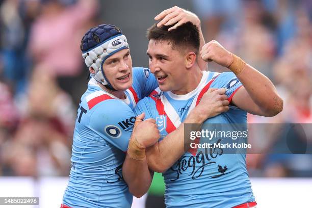 Victor Radley of the Roosters celebrates with team mates after scoring a try during the round eight NRL match between Sydney Roosters and St George...
