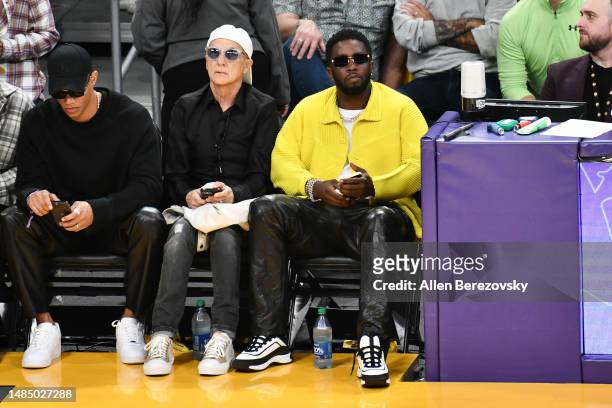 Jimmy lovine and Sean "Diddy" Combs attend a basketball game between the Los Angeles Lakers and the Memphis Grizzlies at Crypto.com Arena on April...