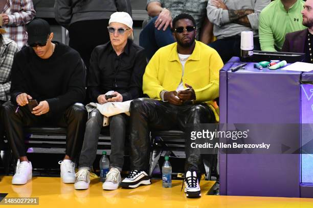 Jimmy lovine and Sean "Diddy" Combs attend a basketball game between the Los Angeles Lakers and the Memphis Grizzlies at Crypto.com Arena on April...