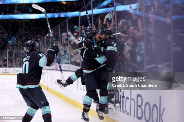 Jordan Eberle of the Seattle Kraken celebrates his overtime-winning goal against the Colorado Avalanche in Game Four of the First Round of the 2023...